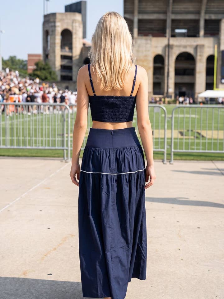 Exclusive Lace Trimmed Top & Skirt Set - Navy/White