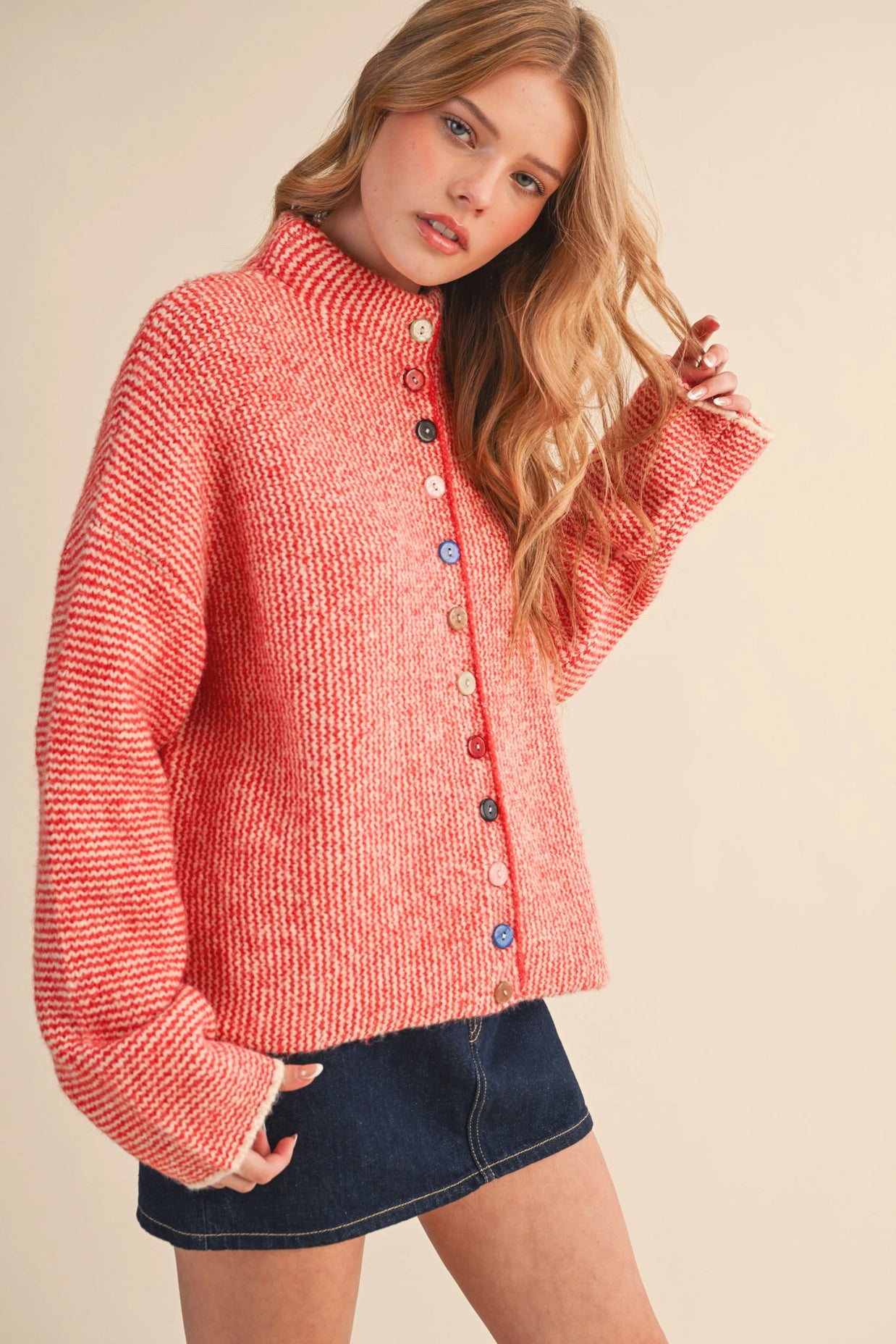 Striped Sweater Cardigan with Colorful Buttons - Ivory Red