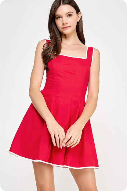 Piping Contrast Sleeveless Linen Mini Dress - Red