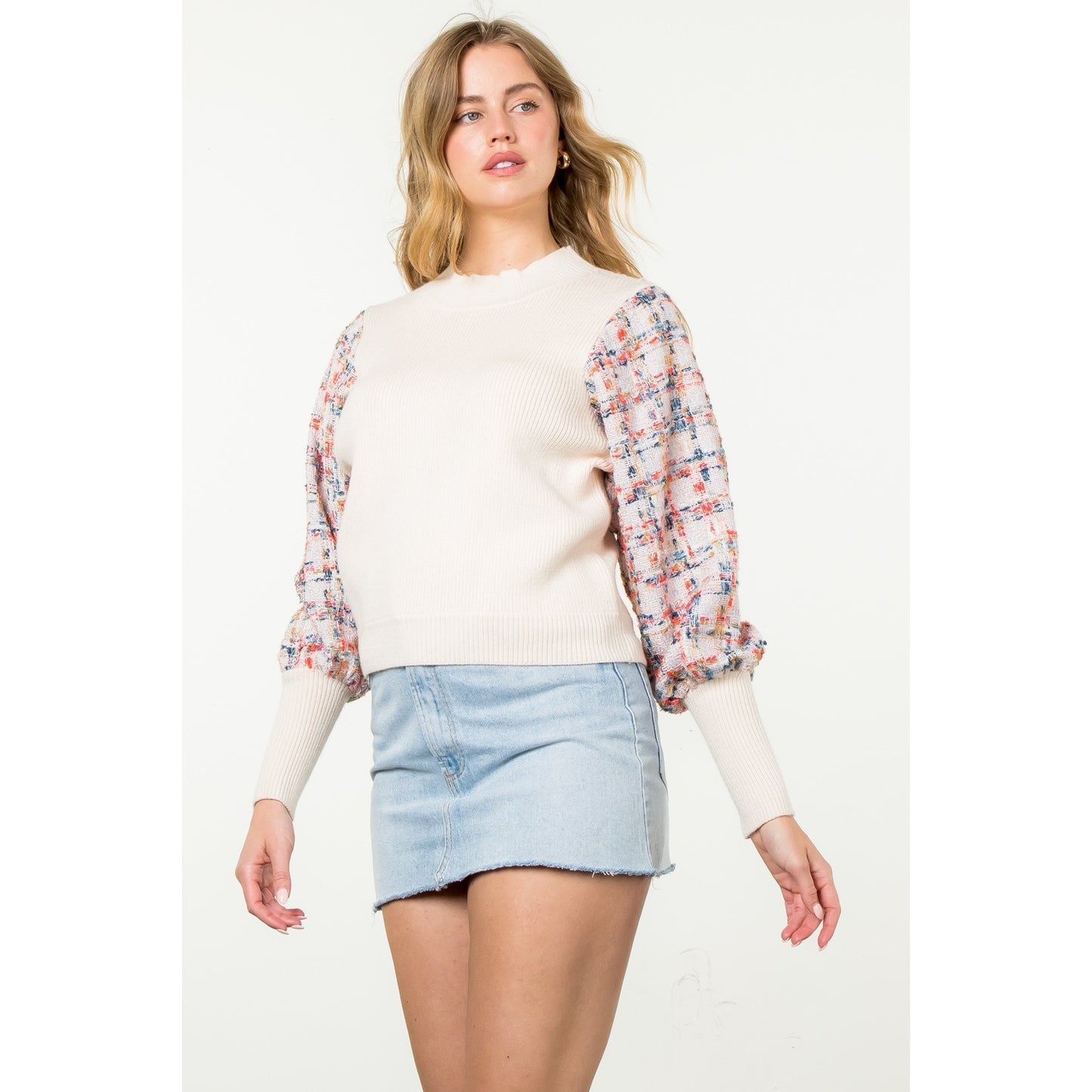 THML - Mixed Media Knit Sweater - Cream