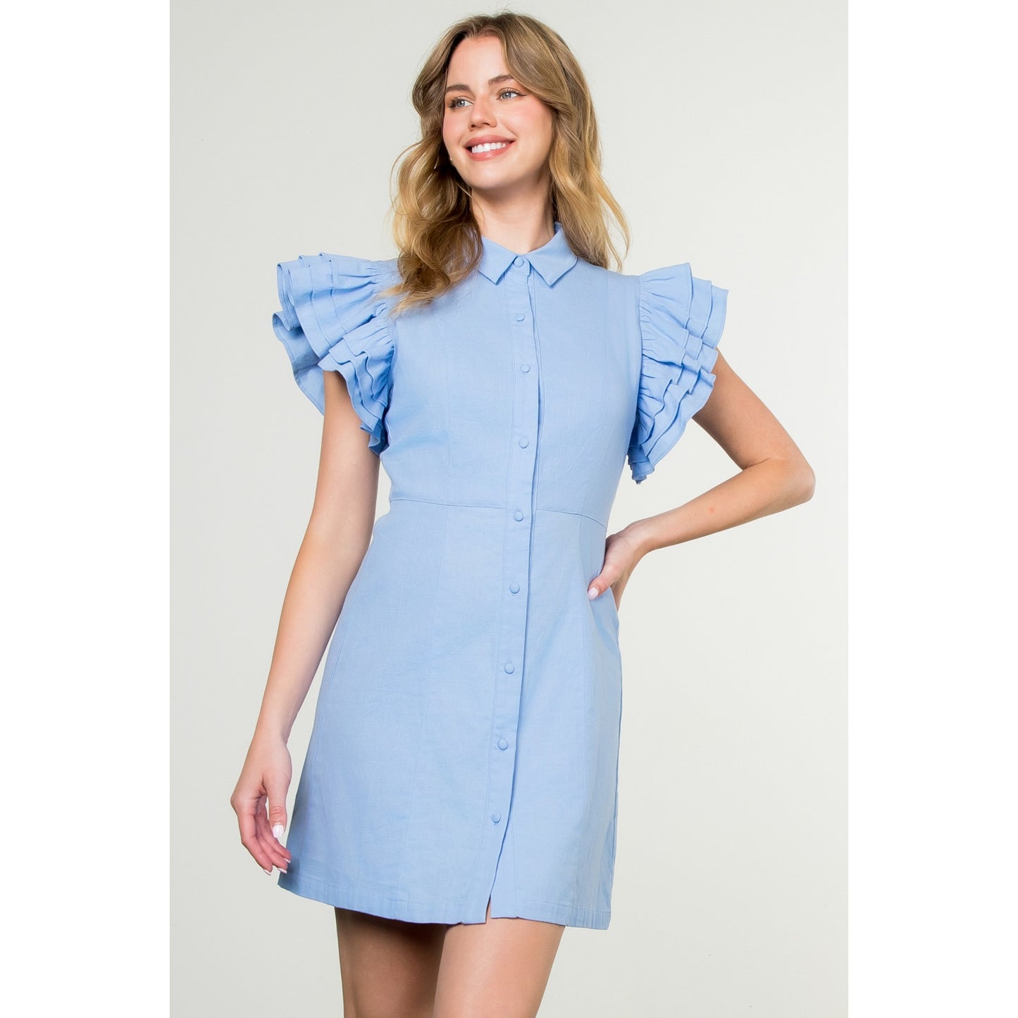 THML - Flutter Sleeve Button Up Dress - Blue