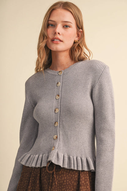 Ruffle Hem Ribbed Knit Sweater Cardigan - Heather Grey