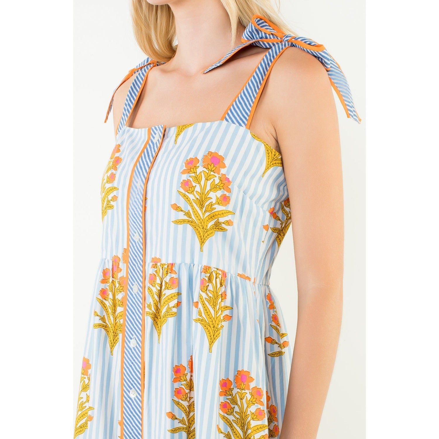Tie Straps Floral Pattern Button Down Dress - Blue - Spinout