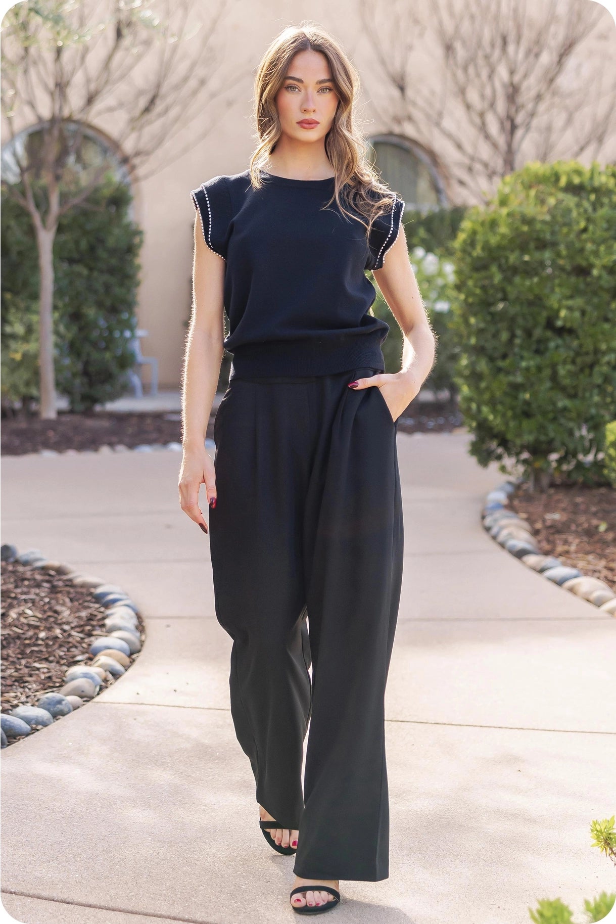 Pearl Trim Sleeveless Knit Sweater Top - Black