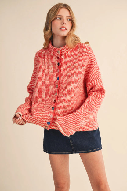 Striped Sweater Cardigan with Colorful Buttons - Ivory Red