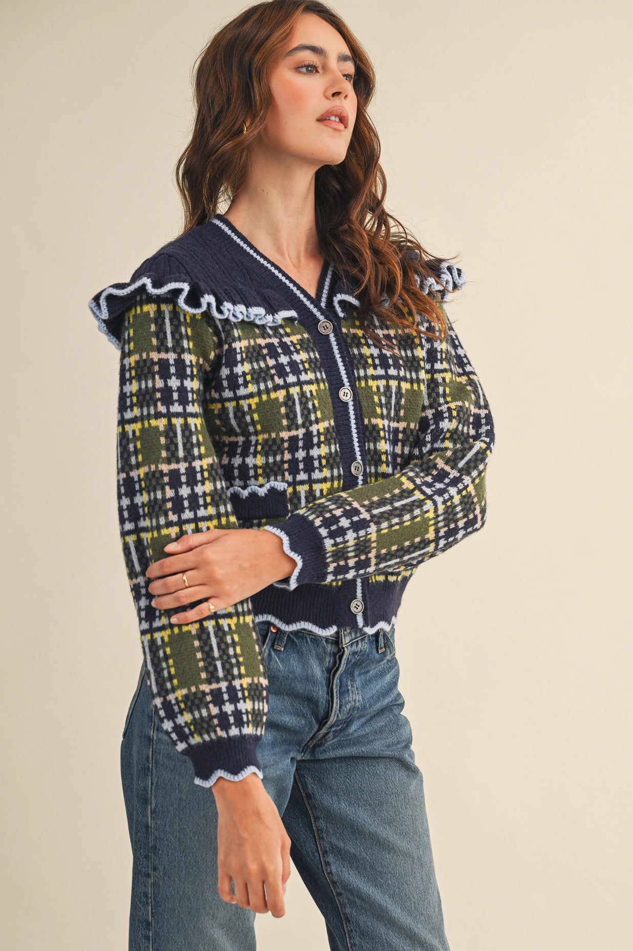 Ruffled Yoke Plaid Sweater Cardigan - Navy