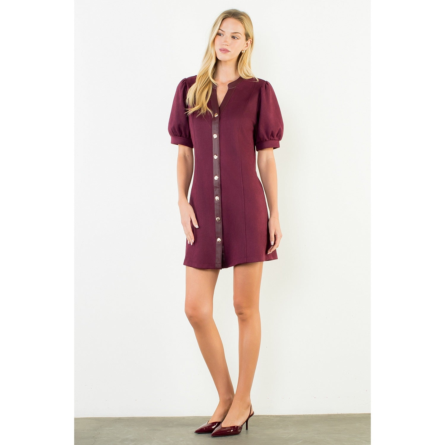 Suede Short Dress with Gold Buttons - Burgundy