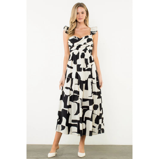 THML - Ruffle Strap Abstract Print Maxi Dress - Black