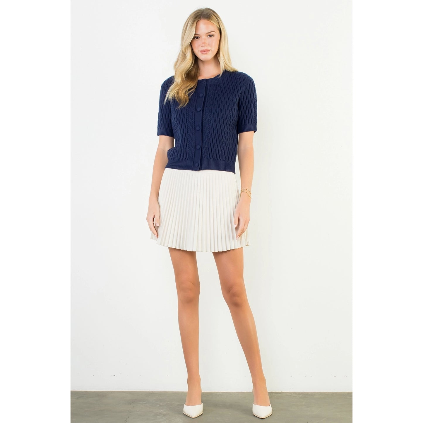 Short Sleeve Button Knit Top - Navy