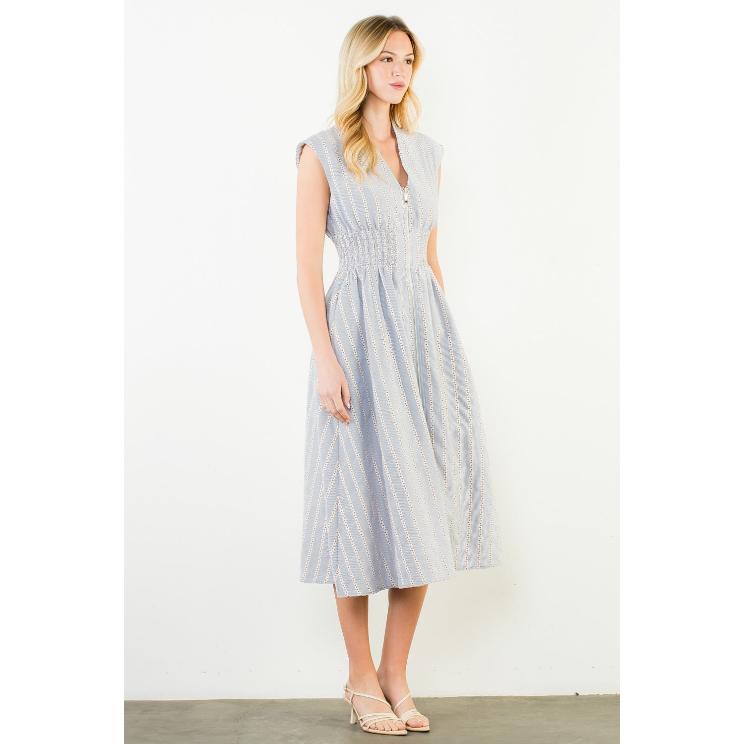 Sleeveless Striped Pattern V-Neck Dress - Blue