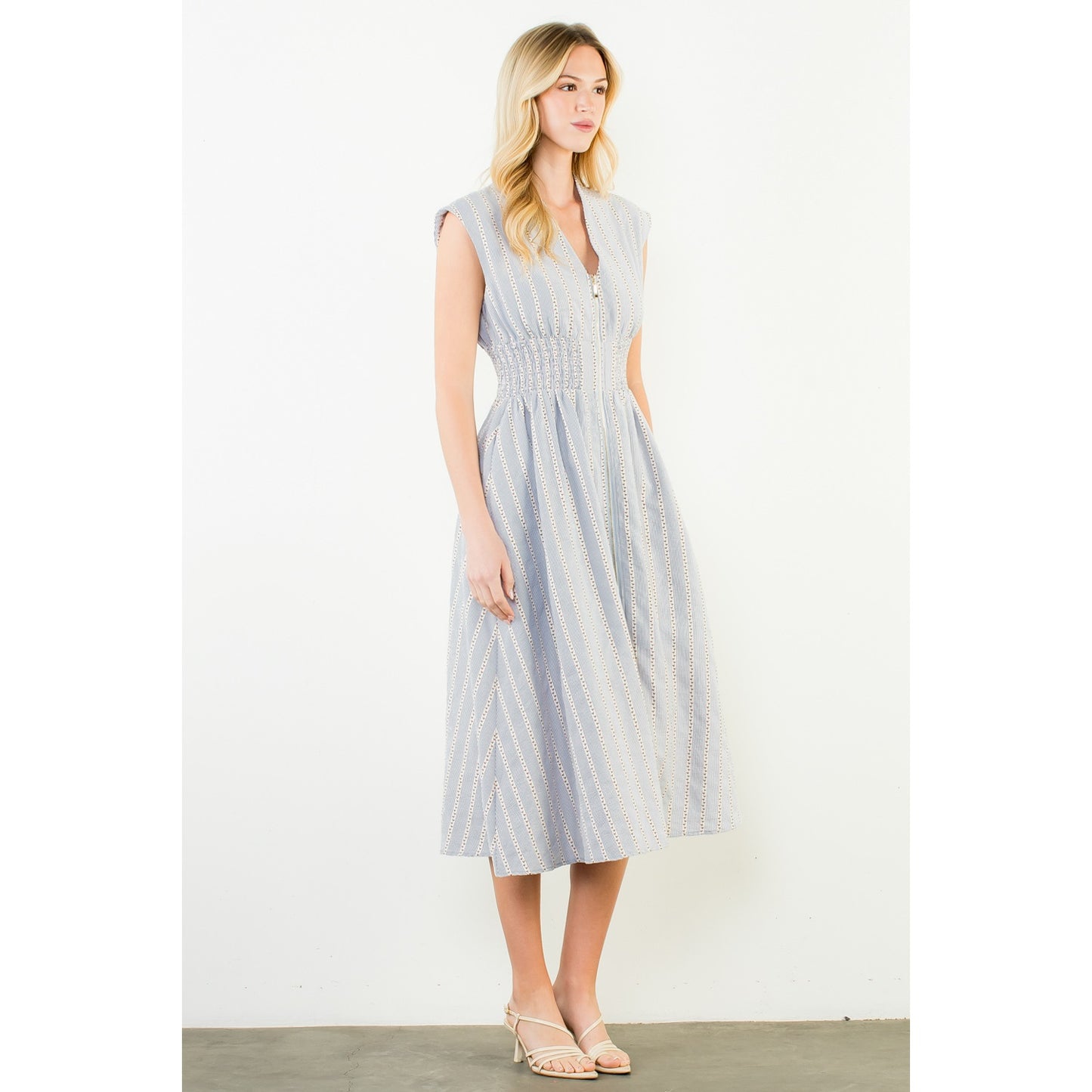Sleeveless Striped Pattern V-Neck Dress - Blue - Spinout