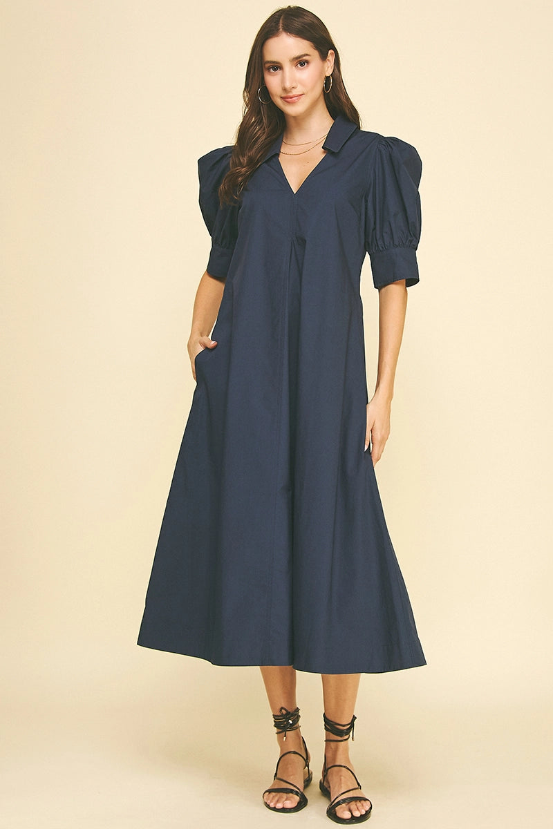 V-Neck Pleated A-Line Dress - Deep Navy