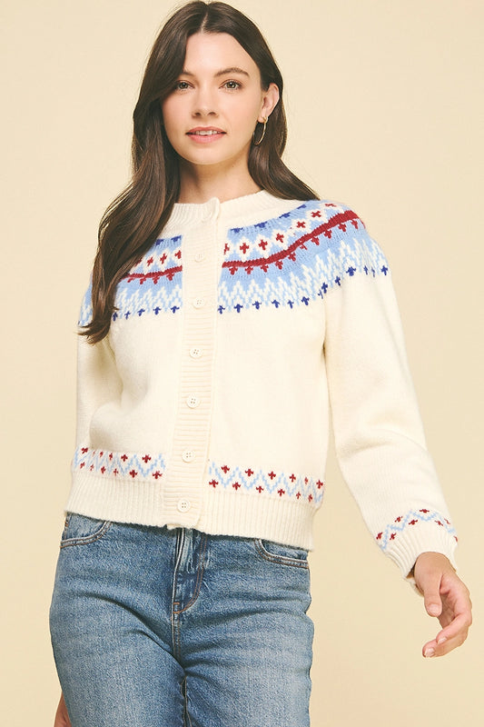 Nordic Pattern Button Down Cardigan - Ivory