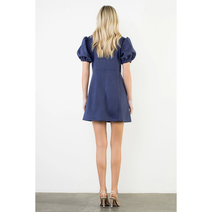 Puff Sleeve Button Up Suede Dress - Navy