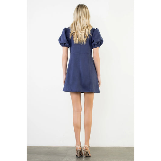 Puff Sleeve Button Up Suede Dress - Navy