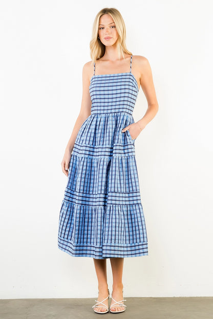 Thin Strap Striped Pattern Tiered Dress - Blue