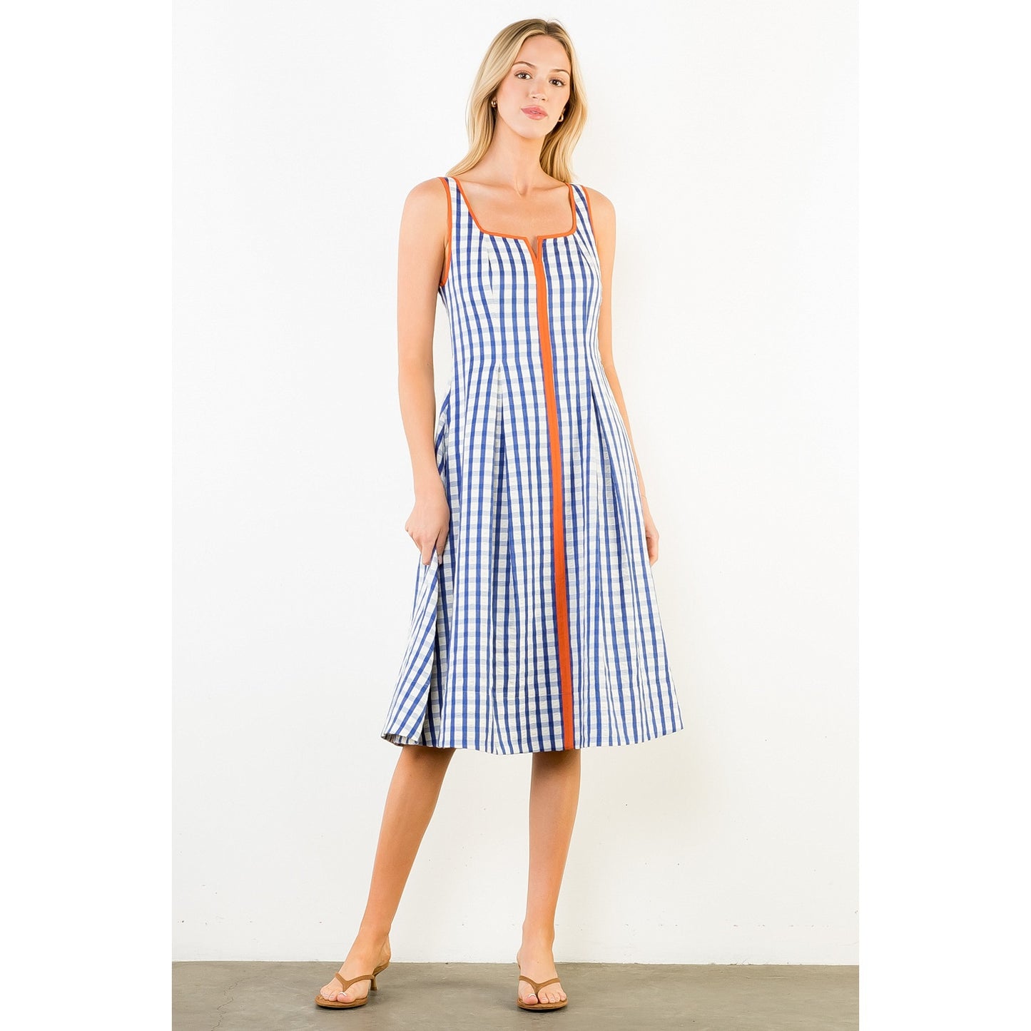 Thin Strap Gingham Pattern Dress - Navy