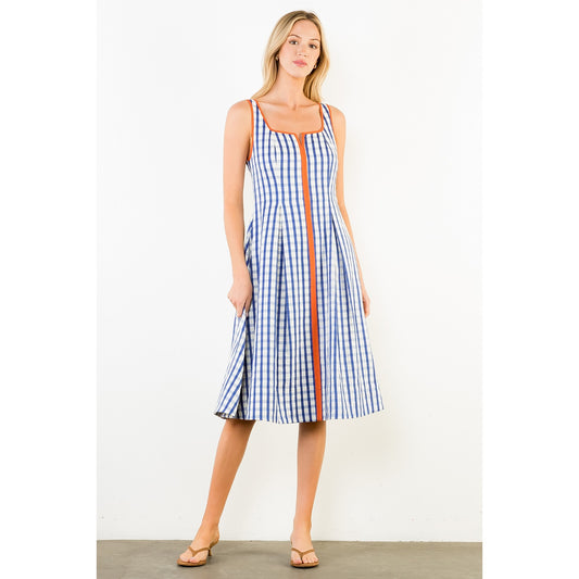 Thin Strap Gingham Pattern Dress - Navy