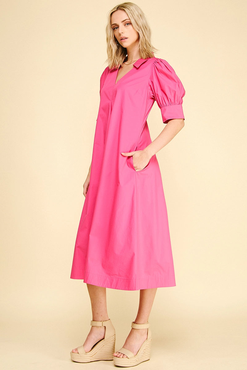 V-Neck Pleated A-Line Dress - Fuchsia