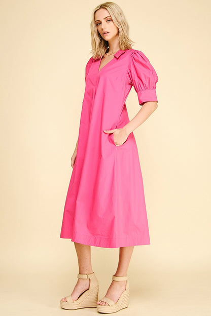 V-Neck Pleated A-Line Dress - Fuchsia