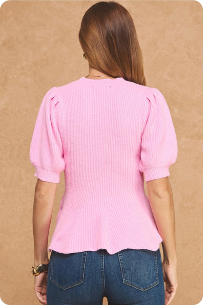 Flared Puff Sleeve Knit Top - Bubblegum Pink
