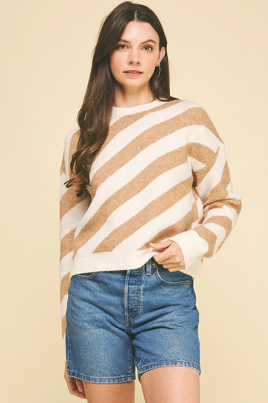 Diagonal Stripe Knit Sweater - Cream/Taupe