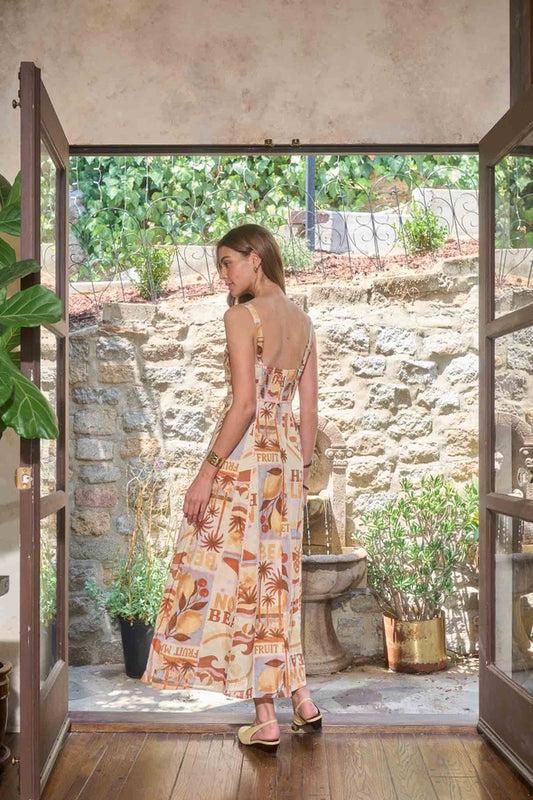 Beach Motif Sleeveless Trim Detail Midi Dress - Ivory Multi