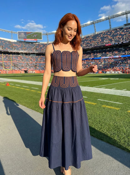 Exclusive Lace Trimmed Top & Skirt Set - Navy/Orange