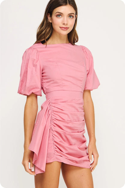 Ruched Short Puff Sleeve Voile Mini Dress - Mauve