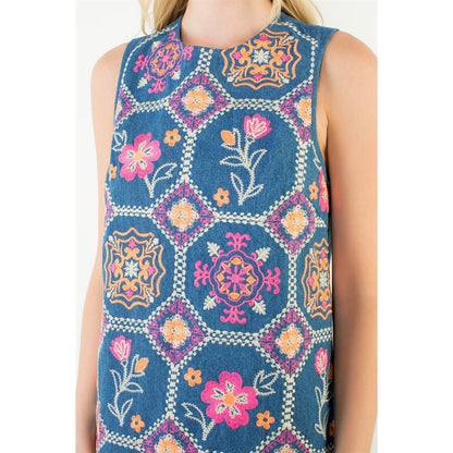 Sleeveless Embroidery Detail Dress - Denim Blue - Spinout