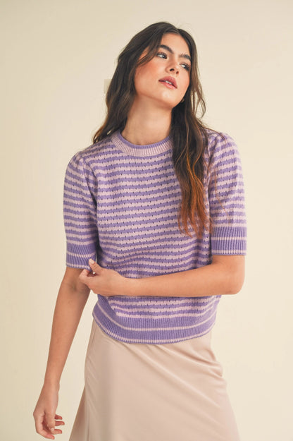Striped Pointelle Knit Puff Sleeve Sweater - Pink Lavender