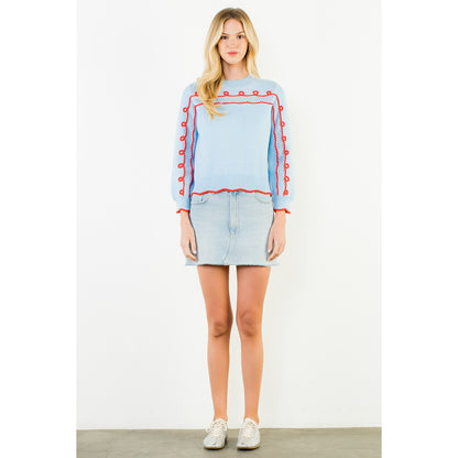 Long Sleeve Wavy Pattern Knitted Sweater - Blue