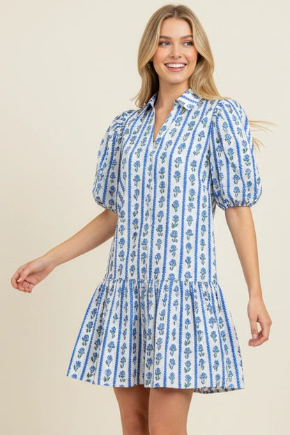 Floral Stripe Puffed Sleeve Mini Dress - Blue