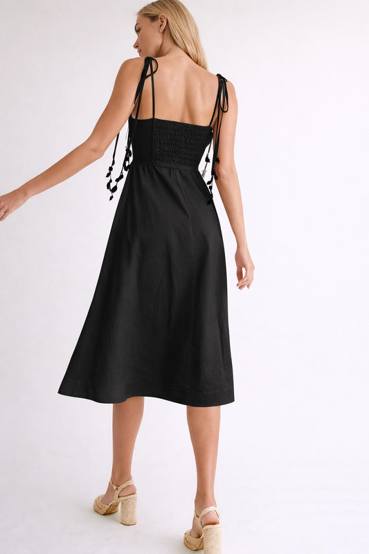 Linen Midi Dress with Corset Bodice - Black