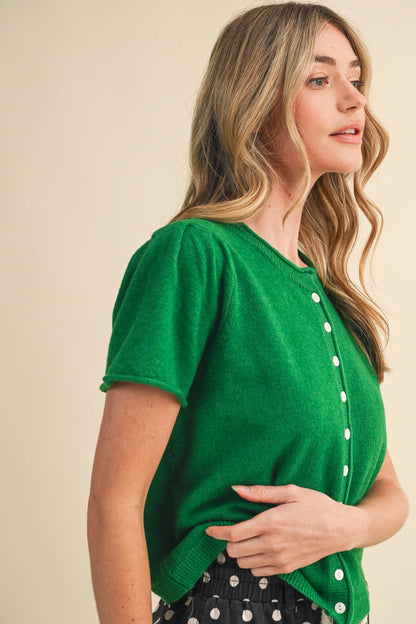 Short Sleeve Sweater Cardigan - Rosemary Green