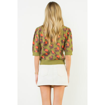 Short Sleeve Leopard Print Knit Top - Olive