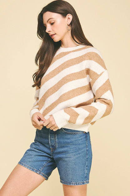 Diagonal Stripe Knit Sweater - Cream/Taupe