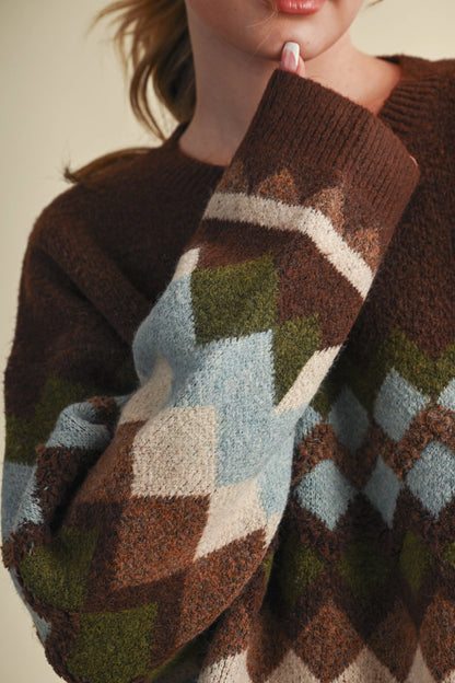 Fuzzy Texture Geometric Knit Sweater - Brown Multi