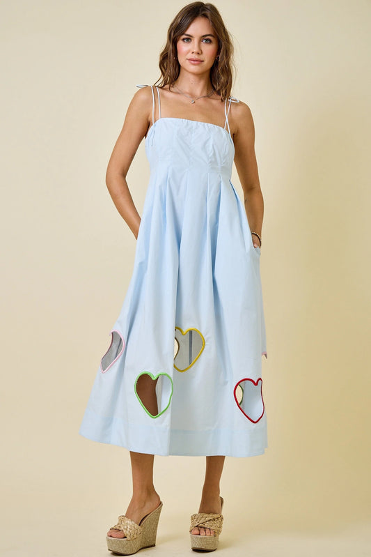 Valentine's Embroidered Hearts Cut Out Midi Dress - Baby Blue