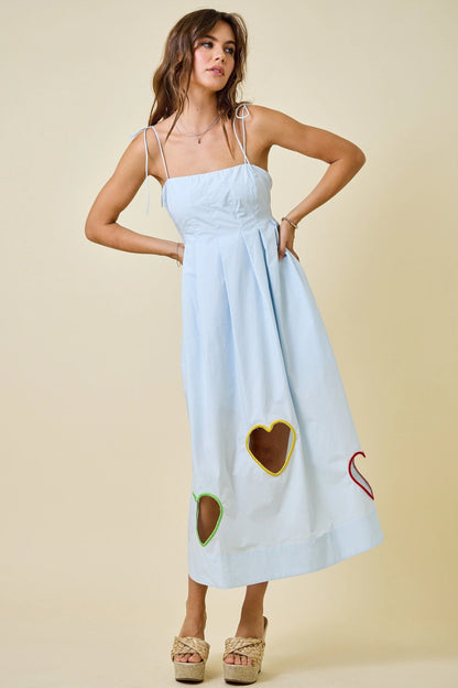 Valentine's Embroidered Hearts Cut Out Midi Dress - Baby Blue