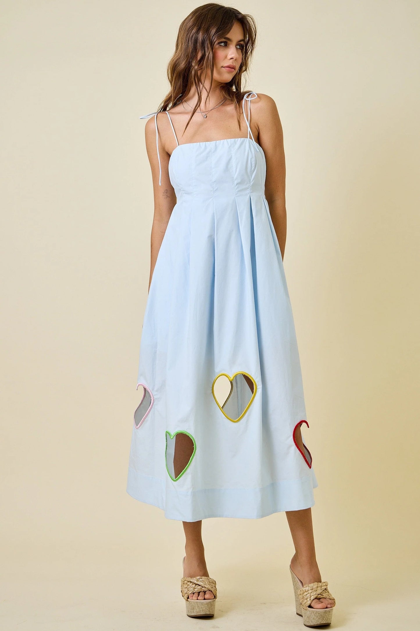 Valentine's Embroidered Hearts Cut Out Midi Dress - Baby Blue