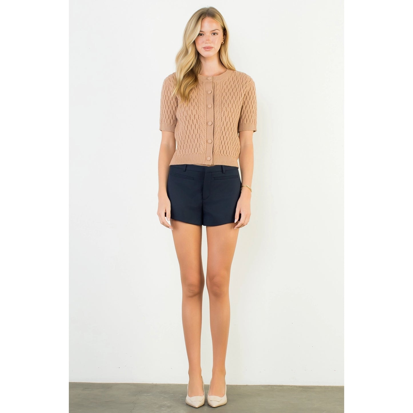 Short Sleeve Button Knit Top - Beige