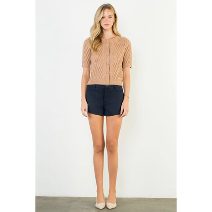 Short Sleeve Button Knit Top - Beige