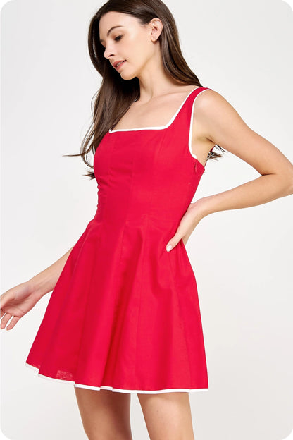 Piping Contrast Sleeveless Linen Mini Dress - Red