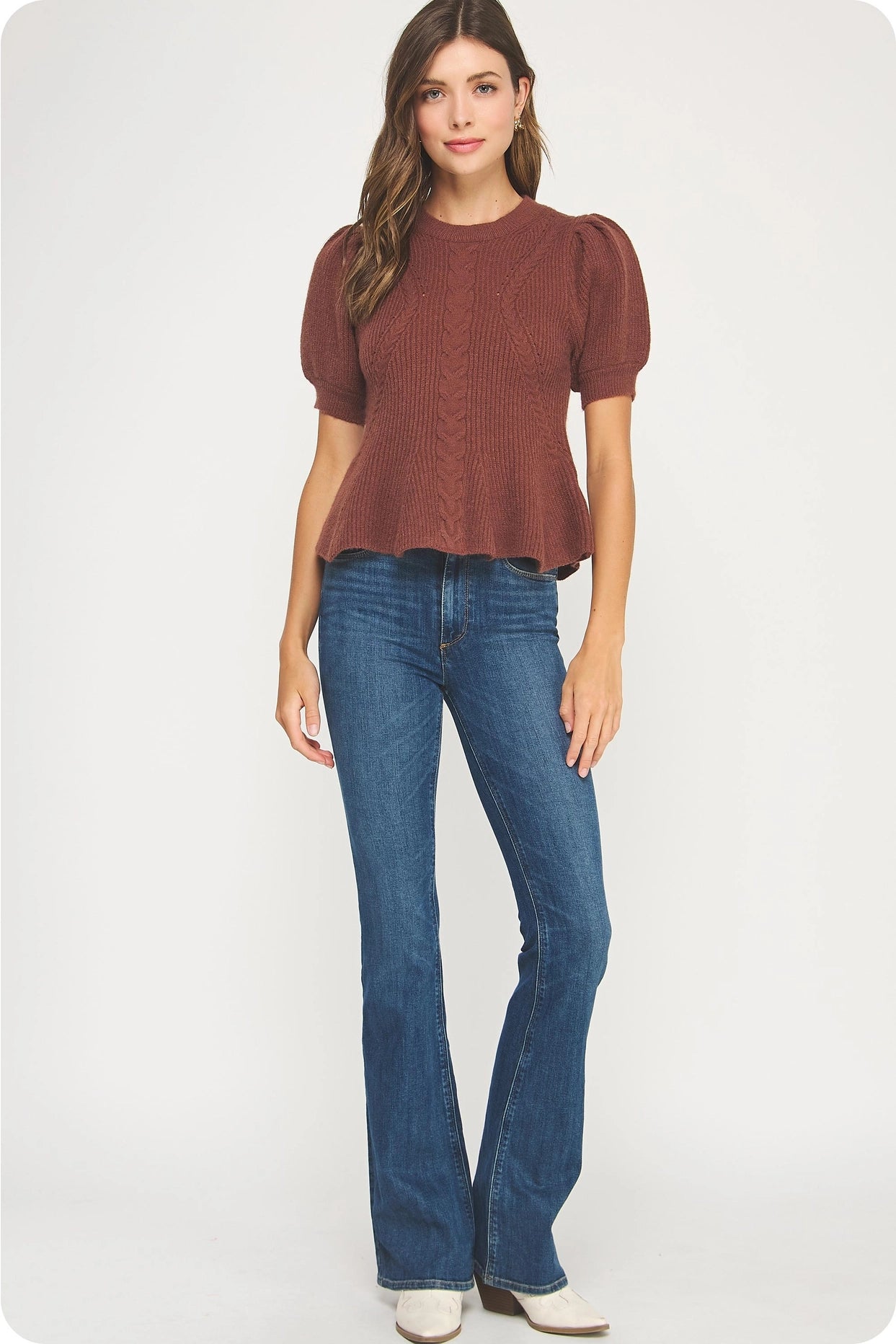 Flared Puff Sleeve Knit Top - Chocolate