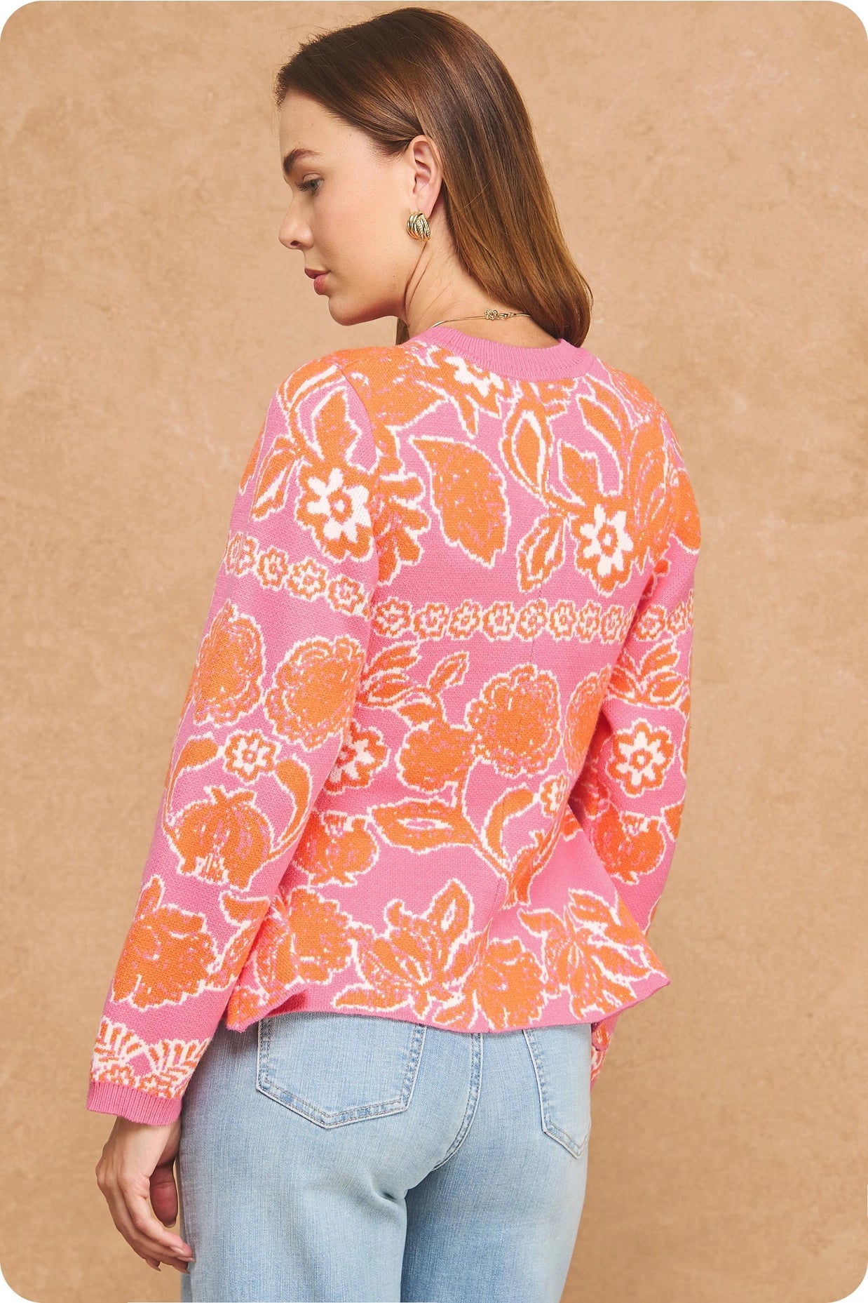 Floral Intarsia Peplum Button Down Cardigan - Pink/Orange