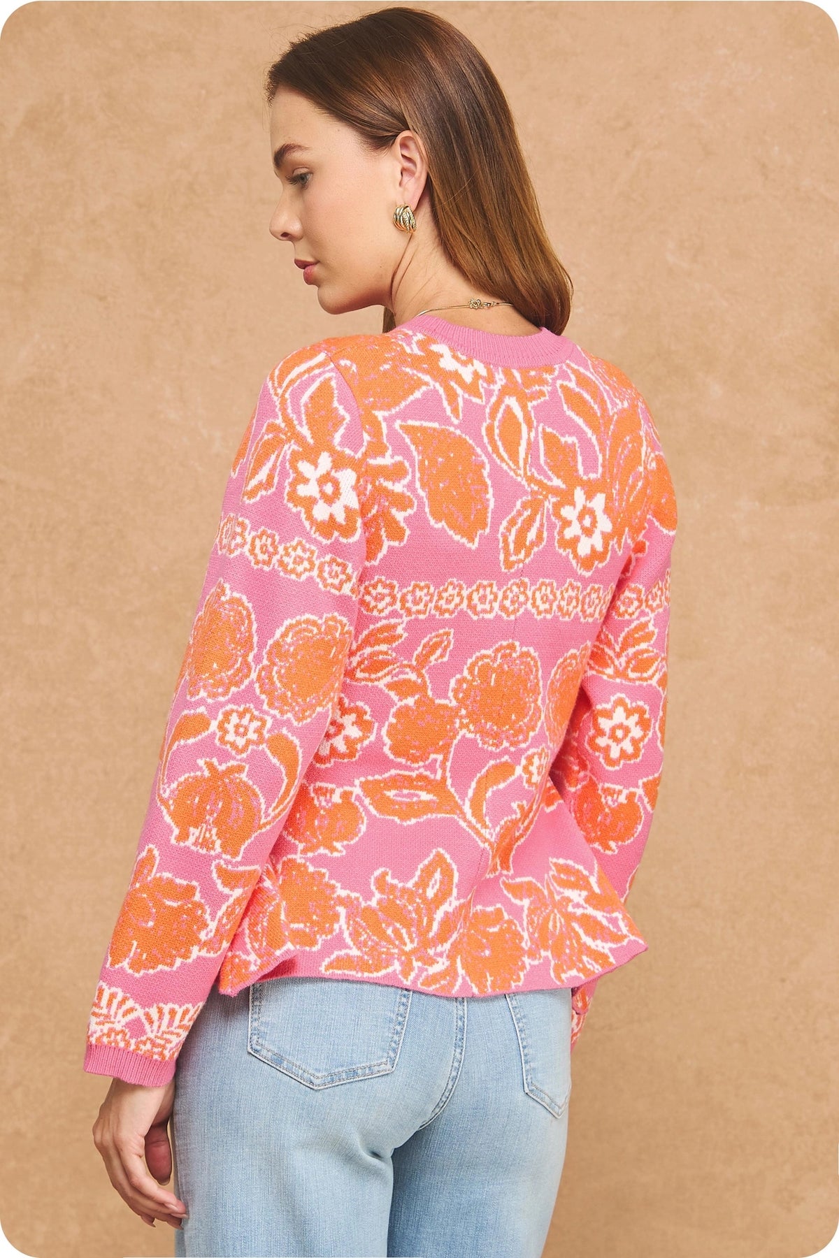 Floral Intarsia Peplum Button Down Cardigan - Pink/Orange