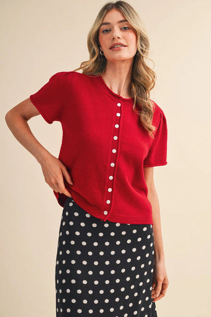 Short Sleeve Sweater Cardigan - Red