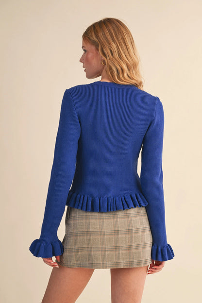 Ruffle Hem Ribbed Knit Sweater Cardigan - Royal Blue