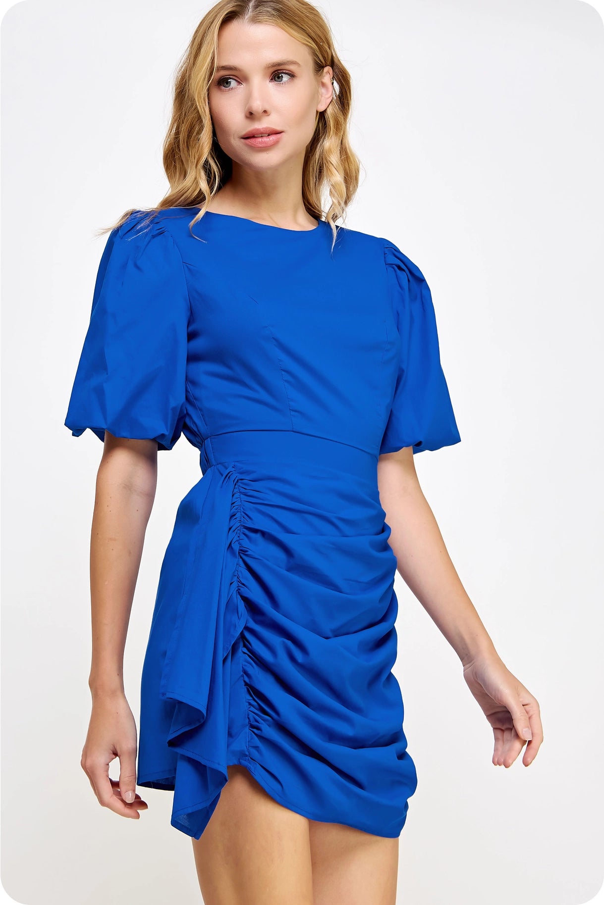 Ruched Short Puff Sleeve Voile Mini Dress - Nautical Blue
